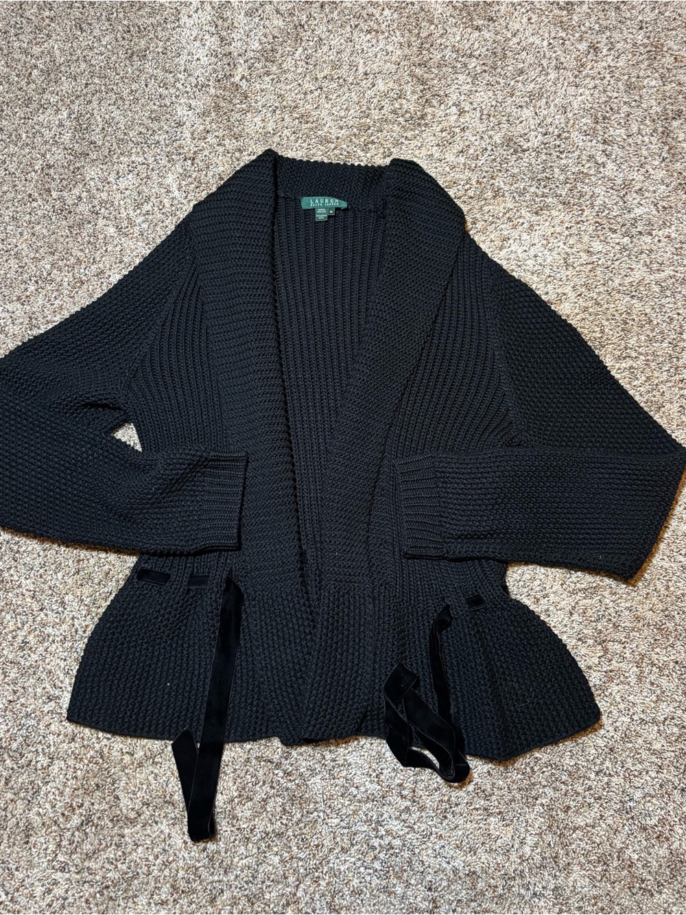 Ralph Lauren Black Knit Shawl-Collar Cardigan with Front Ties